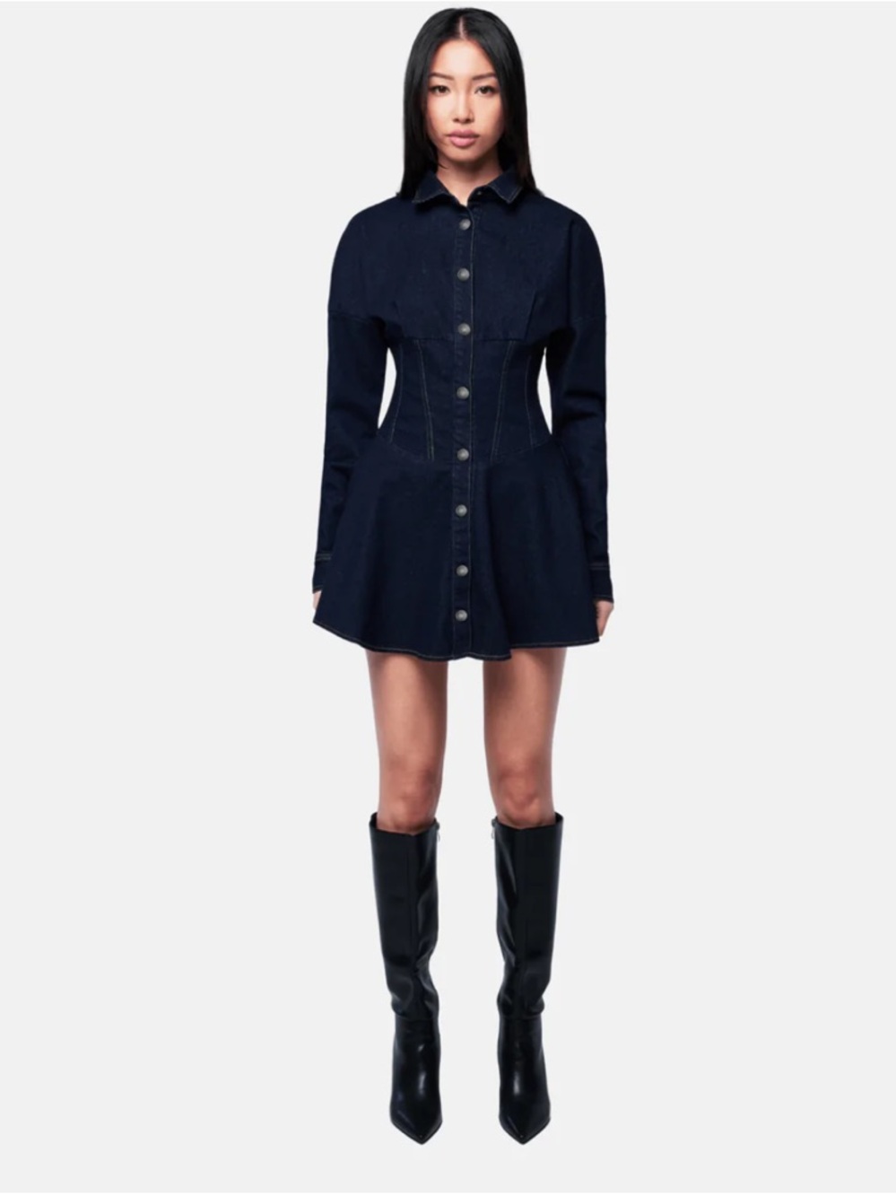OW Collection Ella Denim Shirt Dress in Dark Wash in Size Small - Picture 4 of 13